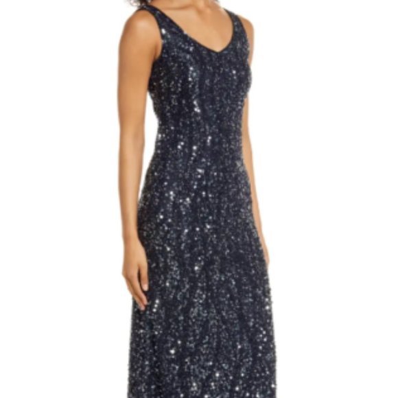 PISARRO NIGHTS BEAD & SEQUIN SLEEVELESS NAVY GOWN sz 2 - Picture 3 of 9